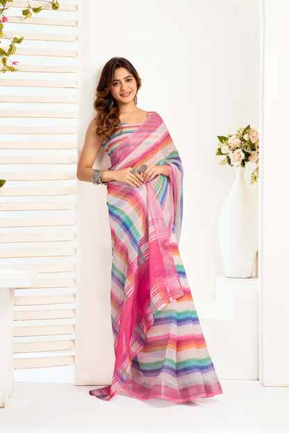 Ready-to-Wear Saree – Multi Linen with Pocket | Vastraan