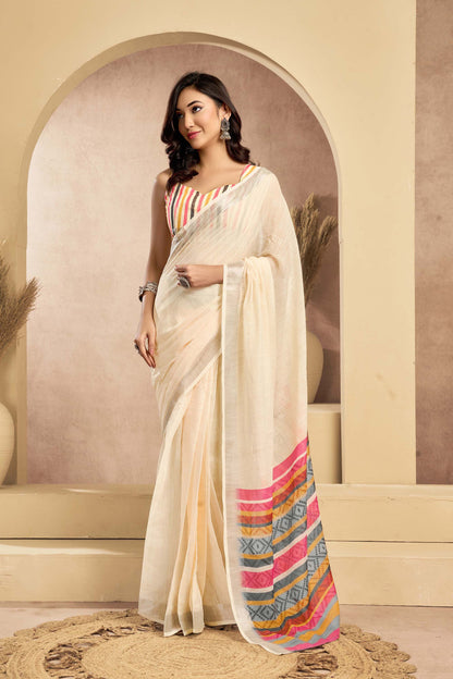 Ready-to-Wear Saree – Beige Linen with Pocket | Vastraan