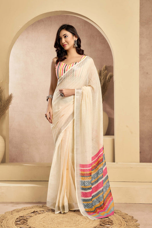 Ready-to-Wear Saree – Beige Linen with Pocket | Vastraan