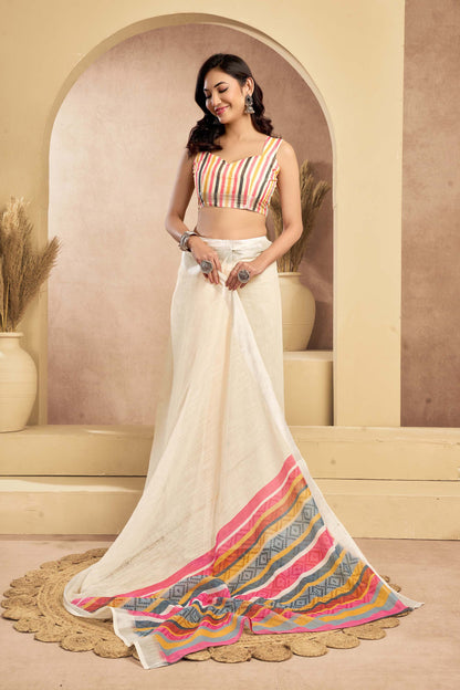 Ready-to-Wear Saree – Beige Linen with Pocket | Vastraan