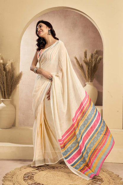 Ready-to-Wear Saree – Beige Linen with Pocket | Vastraan