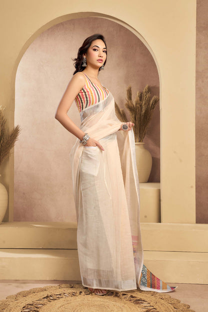 Ready-to-Wear Saree – Beige Linen with Pocket | Vastraan