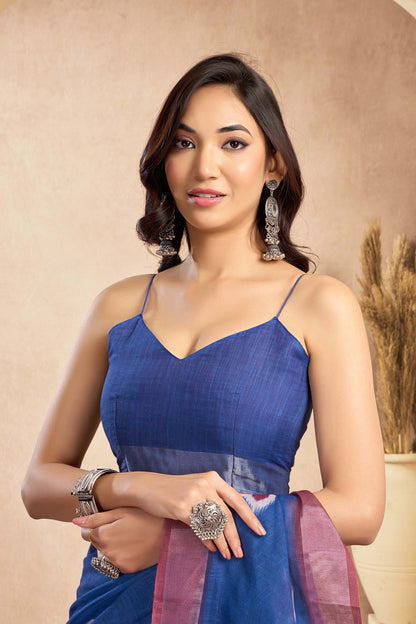 Ready-to-Wear Saree – Blue Linen with Pocket | Vastraan