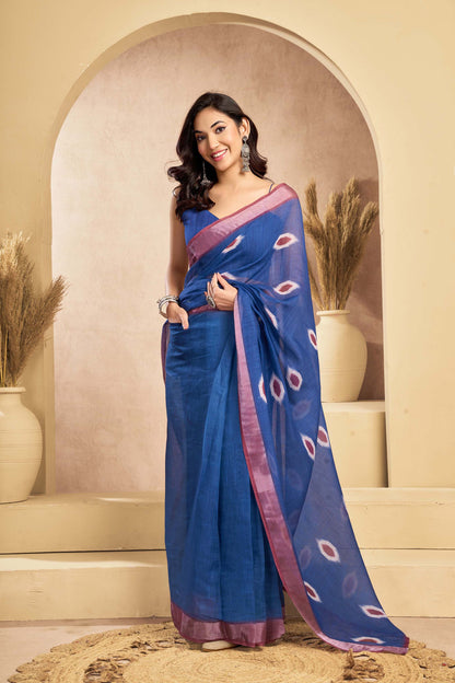 Ready-to-Wear Saree – Blue Linen with Pocket | Vastraan