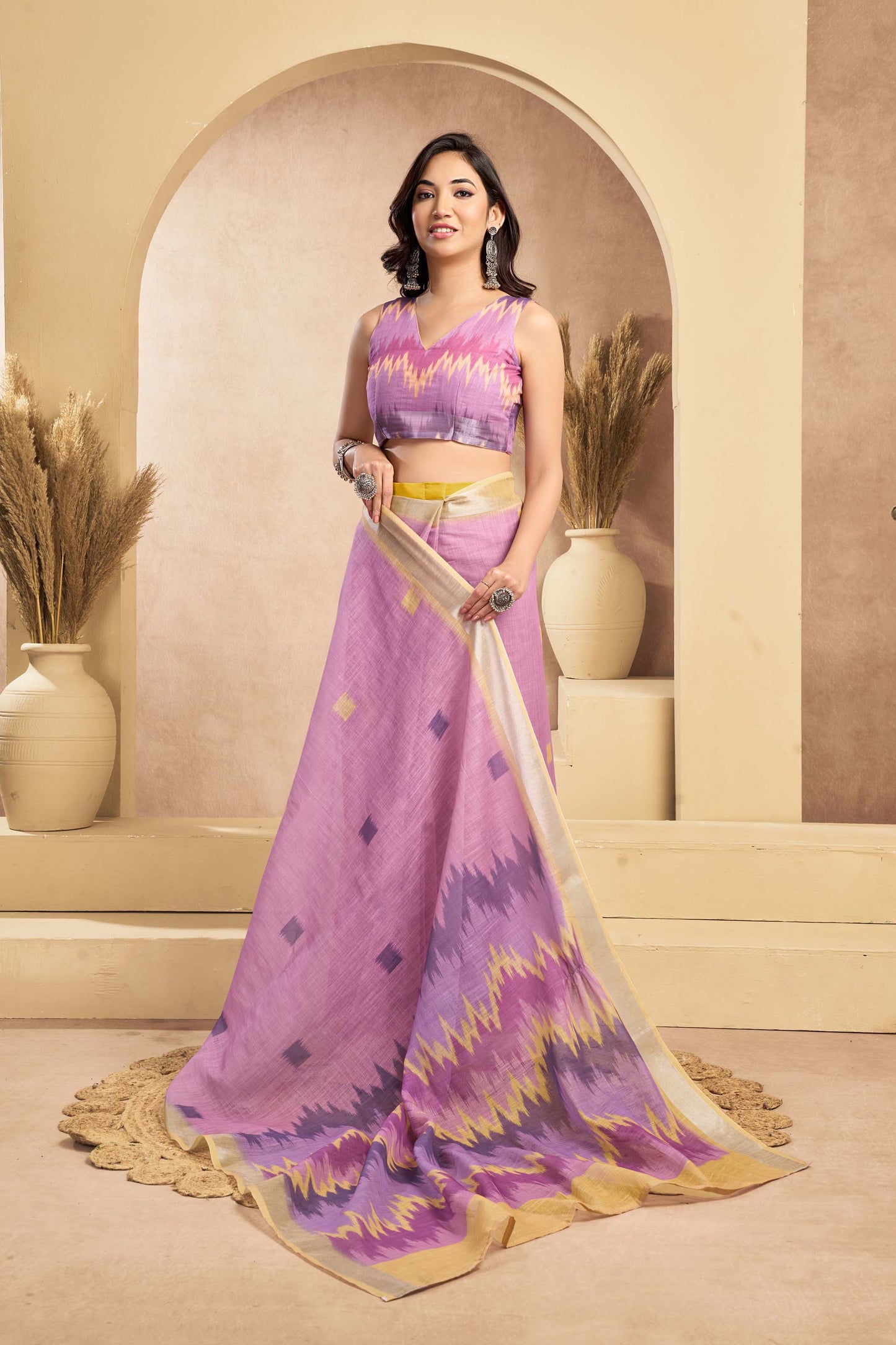 Ready-to-Wear Saree – Lavender Linen with Pocket | Vastraan