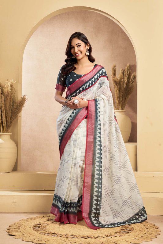 Ready-to-Wear Saree – Off White Linen with Pocket | Vastraan