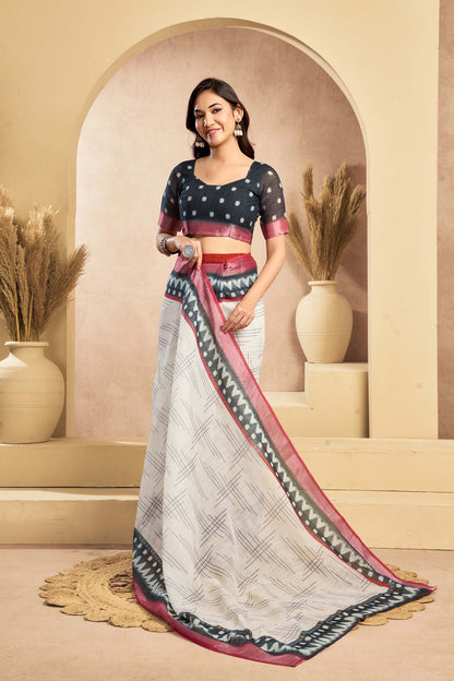 Ready-to-Wear Saree – Off White Linen with Pocket | Vastraan