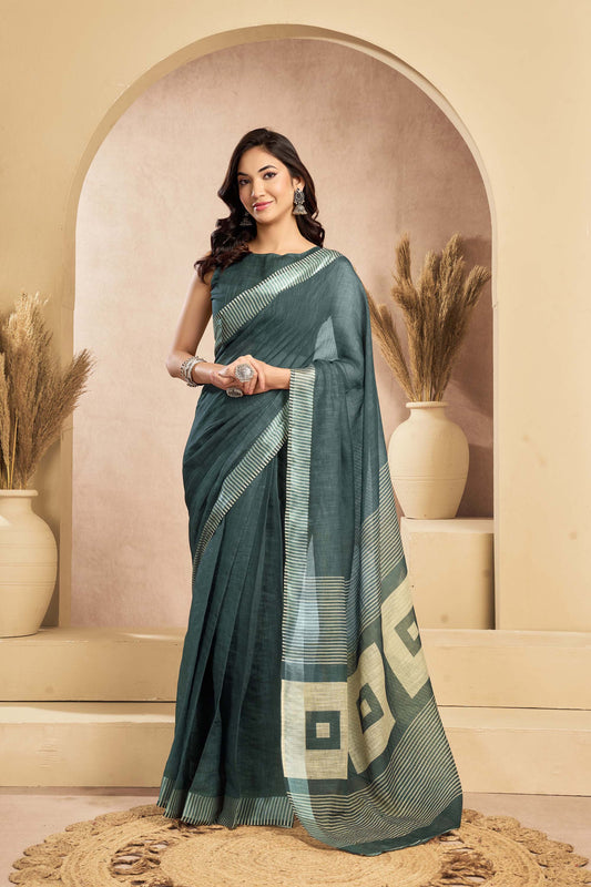 Ready-to-Wear Saree – Teal Linen with Pocket | Vastraan