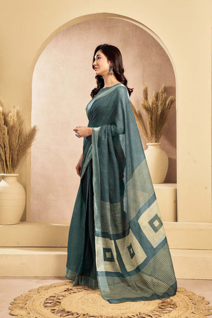 Ready-to-Wear Saree – Teal Linen with Pocket | Vastraan