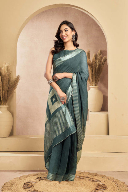 Ready-to-Wear Saree – Teal Linen with Pocket | Vastraan