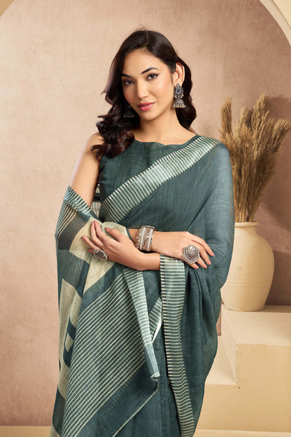Ready-to-Wear Saree – Teal Linen with Pocket | Vastraan