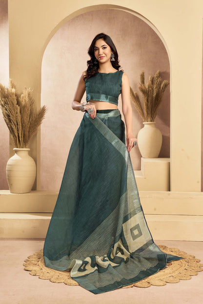 Ready-to-Wear Saree – Teal Linen with Pocket | Vastraan