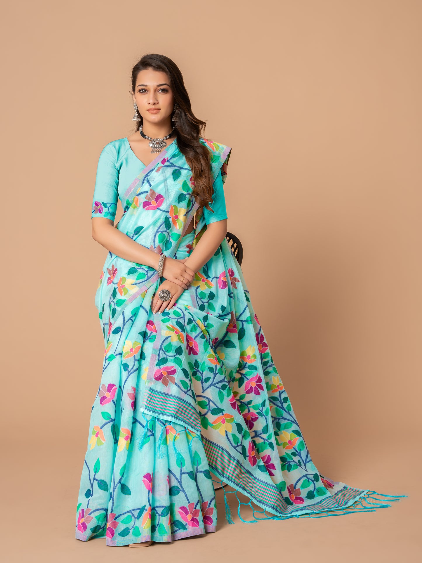 Sky Blue Color Soft Cotton Jamdani Saree