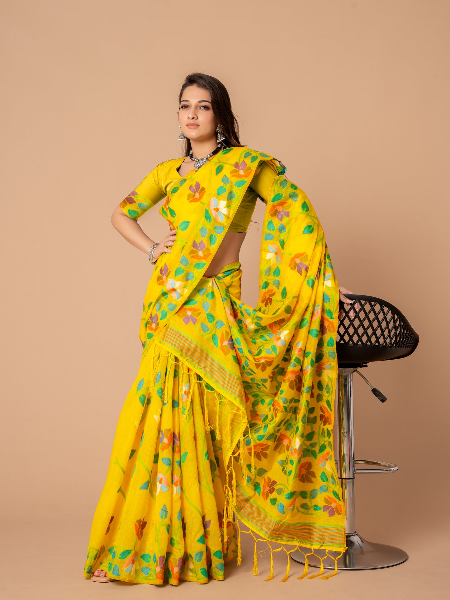 Yellow Color Soft Cotton Jamdani Saree