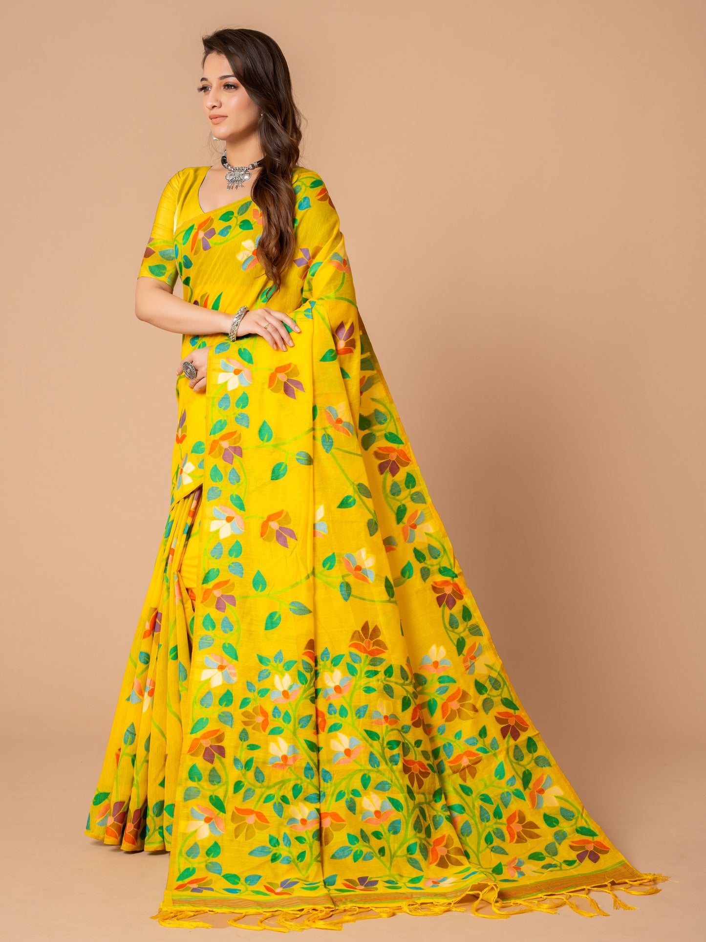 Yellow Color Soft Cotton Jamdani Saree