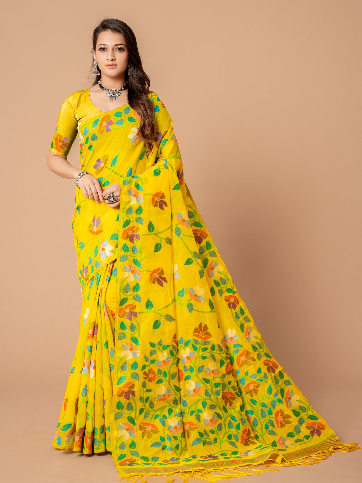 Yellow Color Soft Cotton Jamdani Saree
