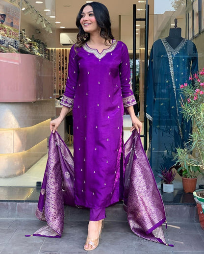 Purple Color Embroidered Work Kurti Set