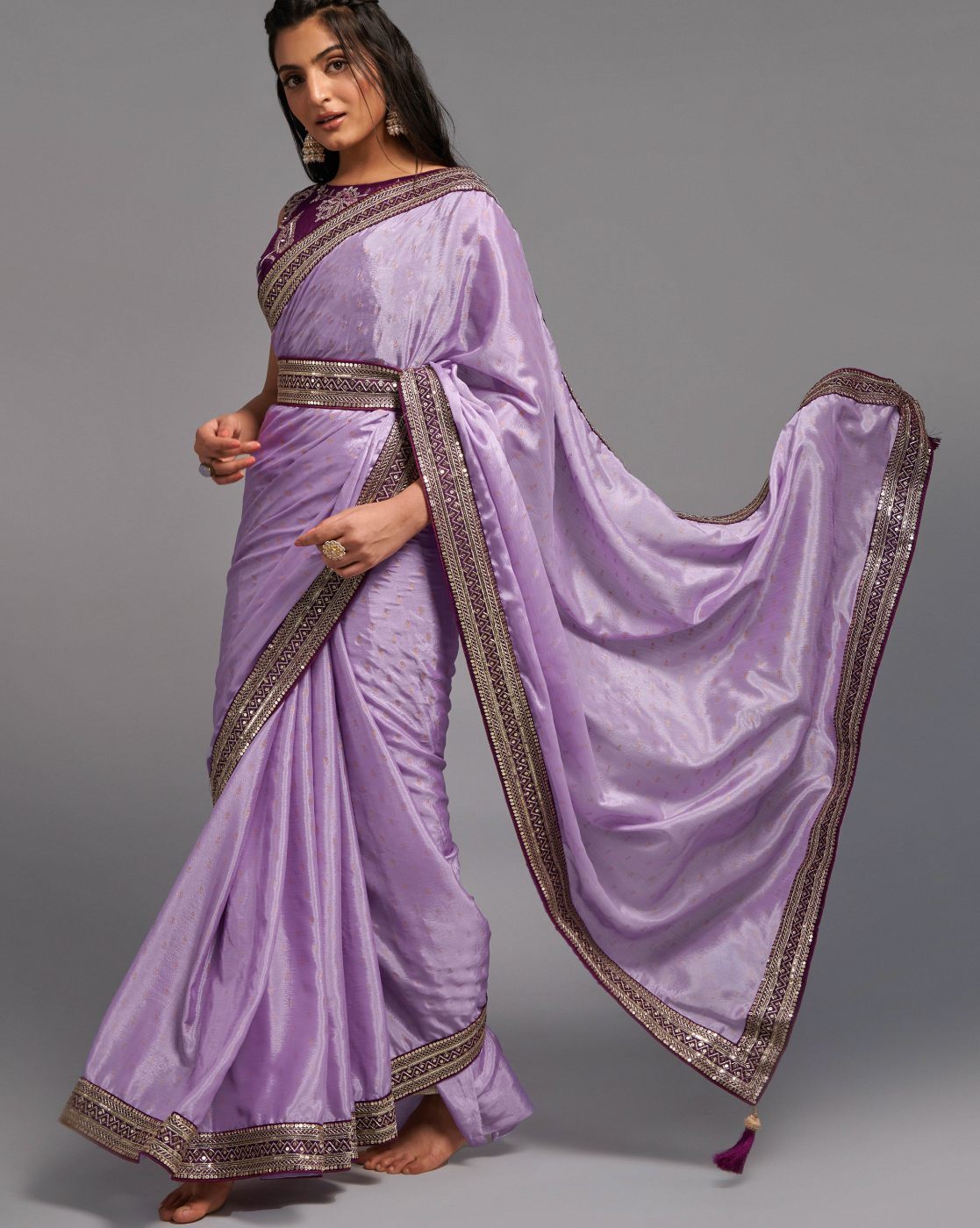 Lavender Chinon Saree with Zari Embroidery Lace