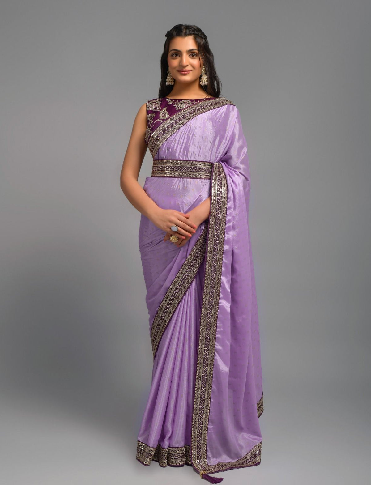 Lavender Chinon Saree with Zari Embroidery Lace