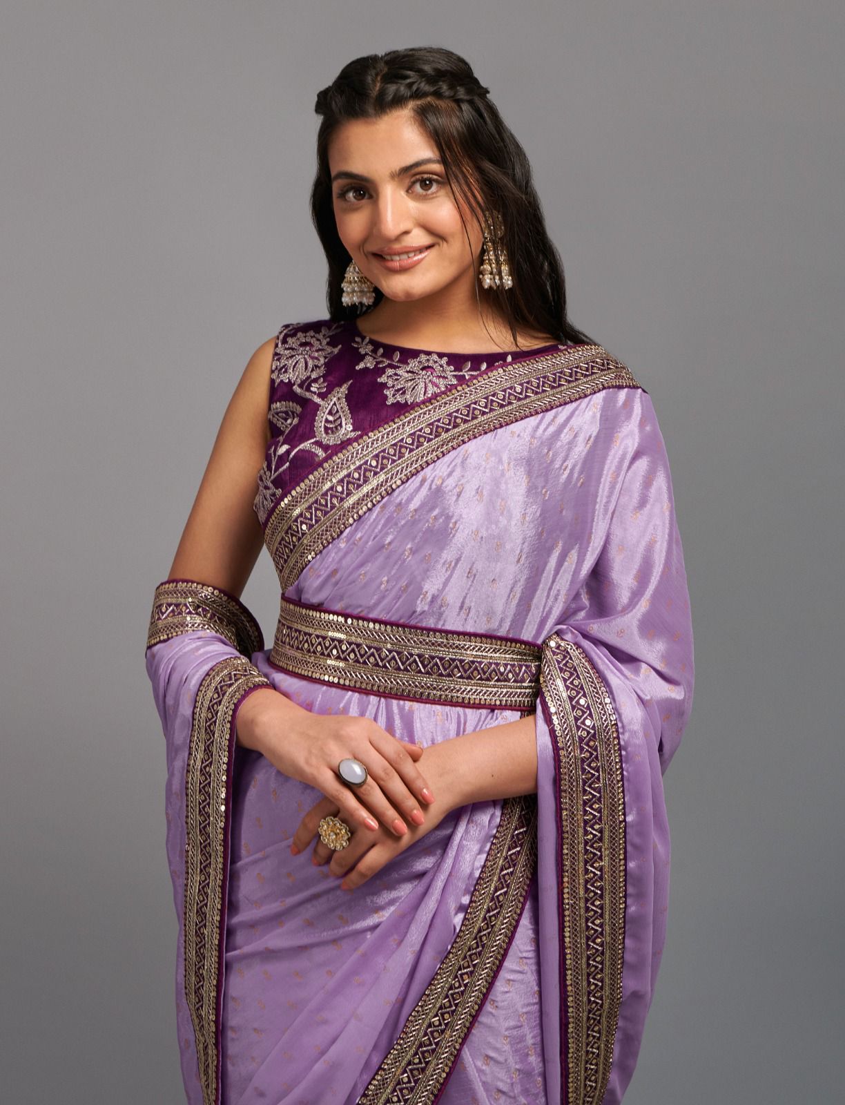 Lavender Chinon Saree with Zari Embroidery Lace