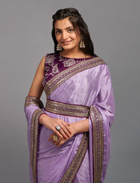 Lavender Chinon Saree with Zari Embroidery Lace