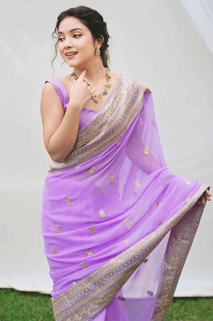 Lavender Georgette Saree with Raw Silk Blouse