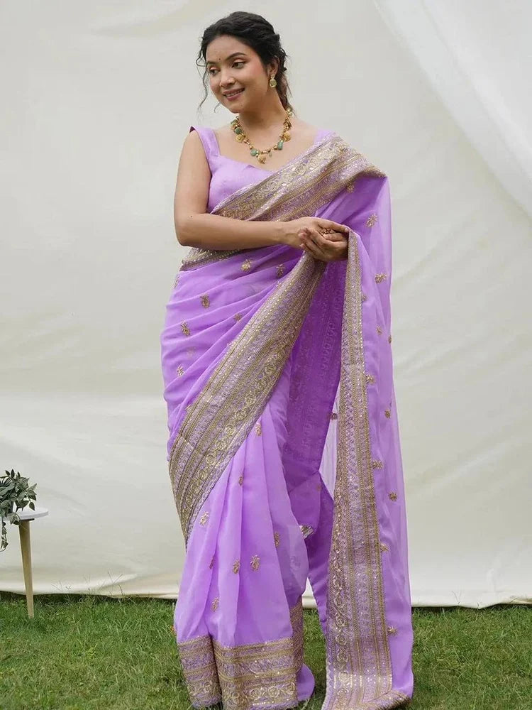 Lavender Georgette Saree with Raw Silk Blouse