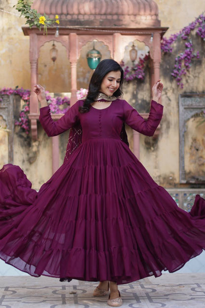 Amazing Maroon Color Georgette Frill Work Party Wear Gown