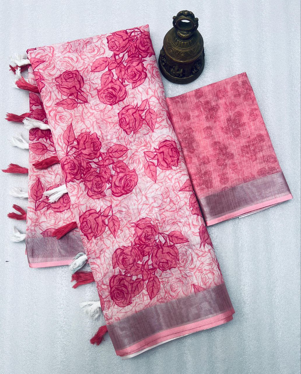 Pink Linen Digital Print Latkan Saree