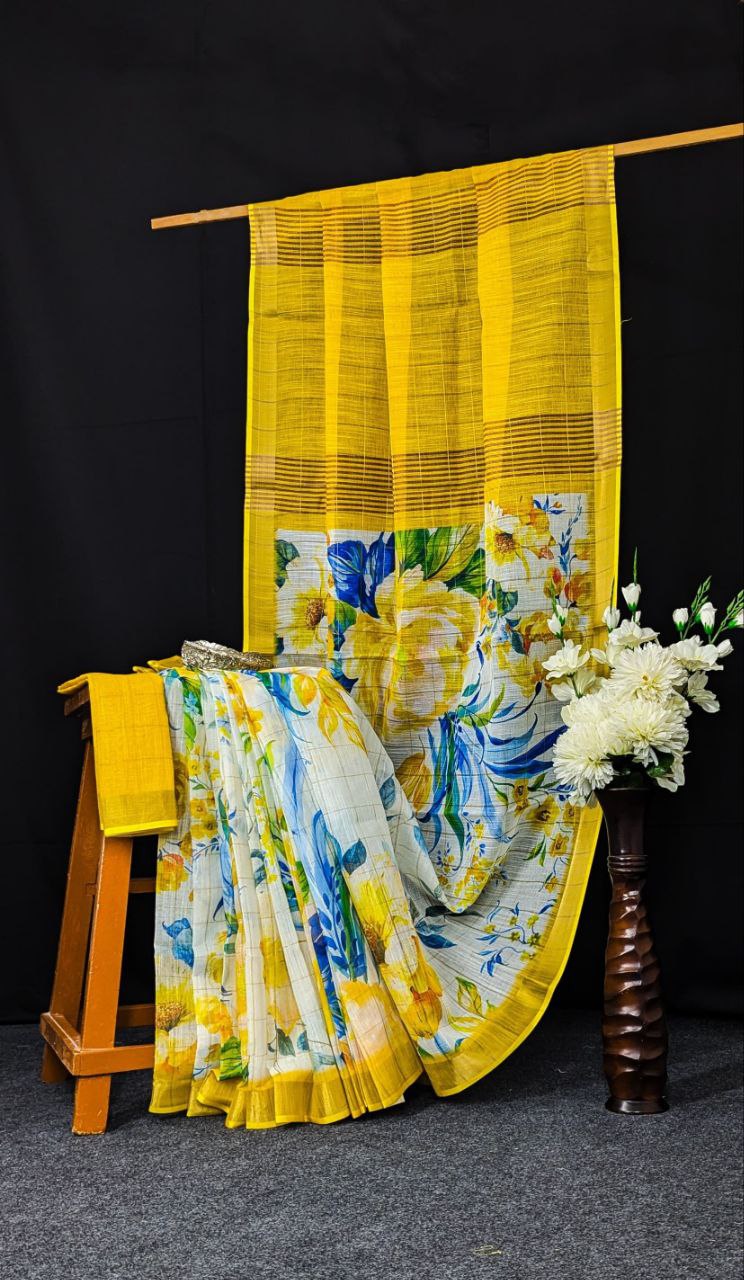 Yellow Linen Gold Zari Type Weaving Saree