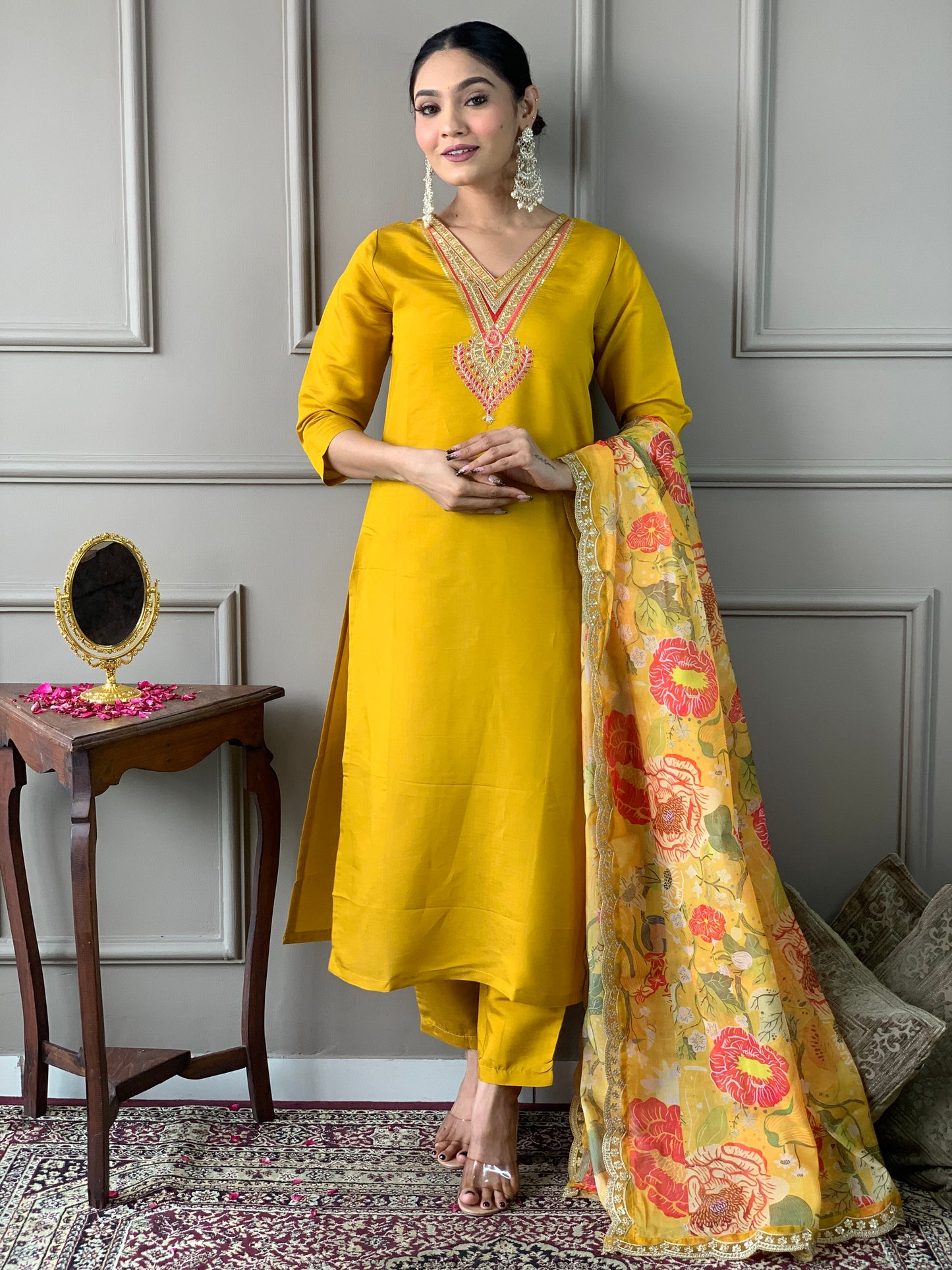 Yellow Color Chandery Casual Kurti Pant Set
