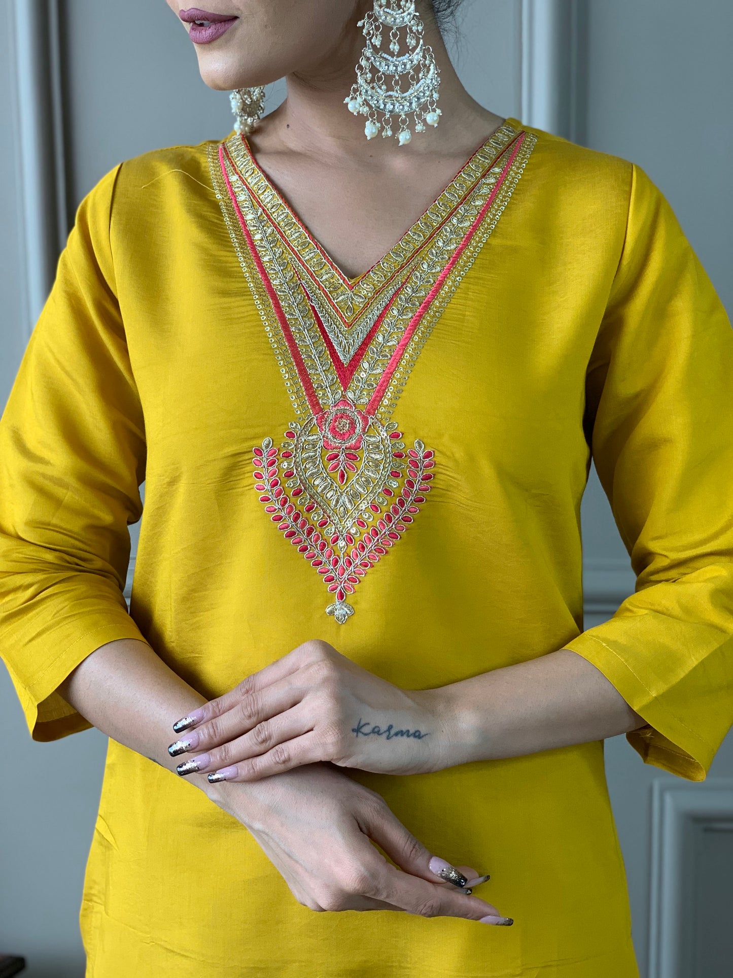 Yellow Color Chandery Casual Kurti Pant Set