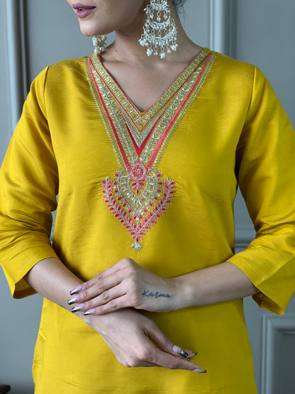 Yellow Color Chandery Casual Kurti Pant Set
