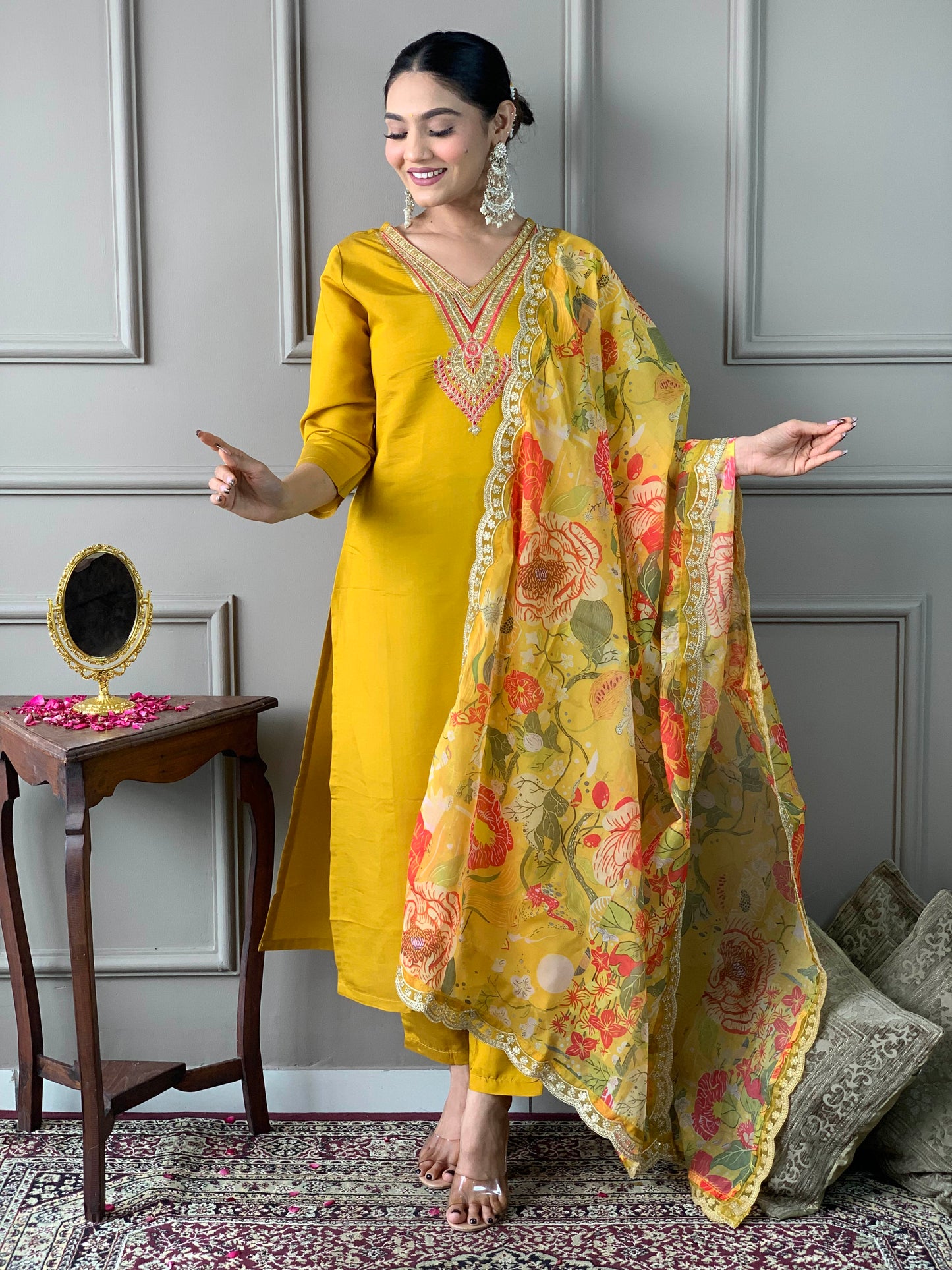 Yellow Color Chandery Casual Kurti Pant Set