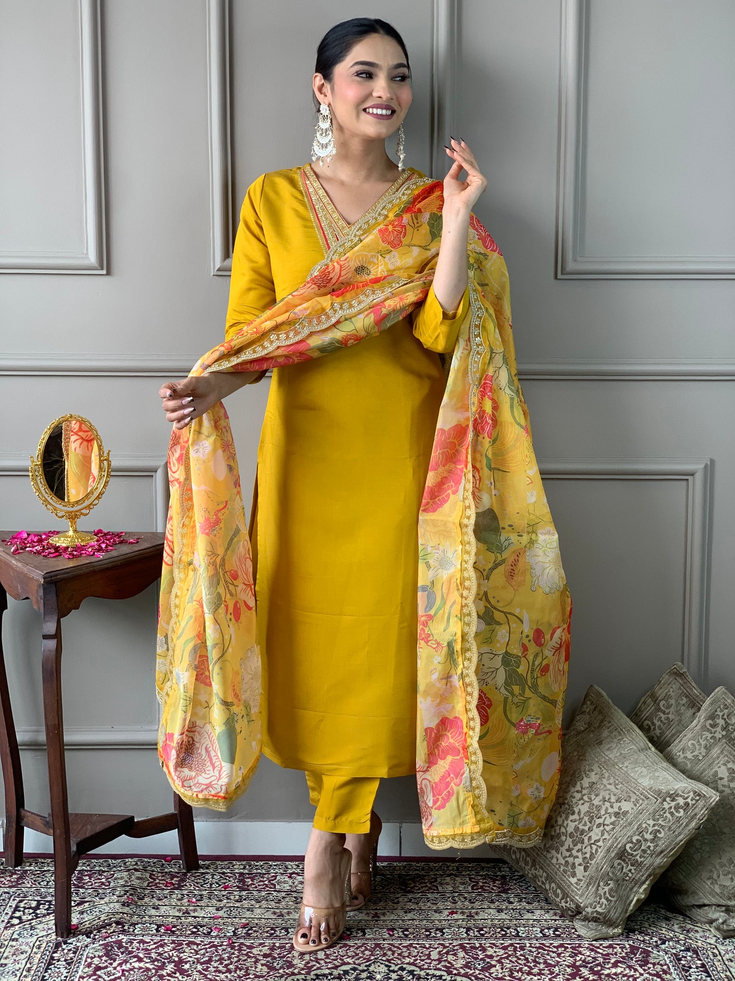 Yellow Color Chandery Casual Kurti Pant Set