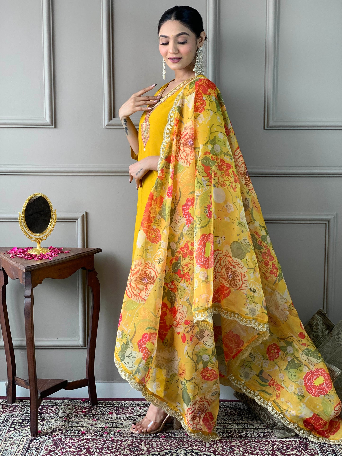 Yellow Color Chandery Casual Kurti Pant Set
