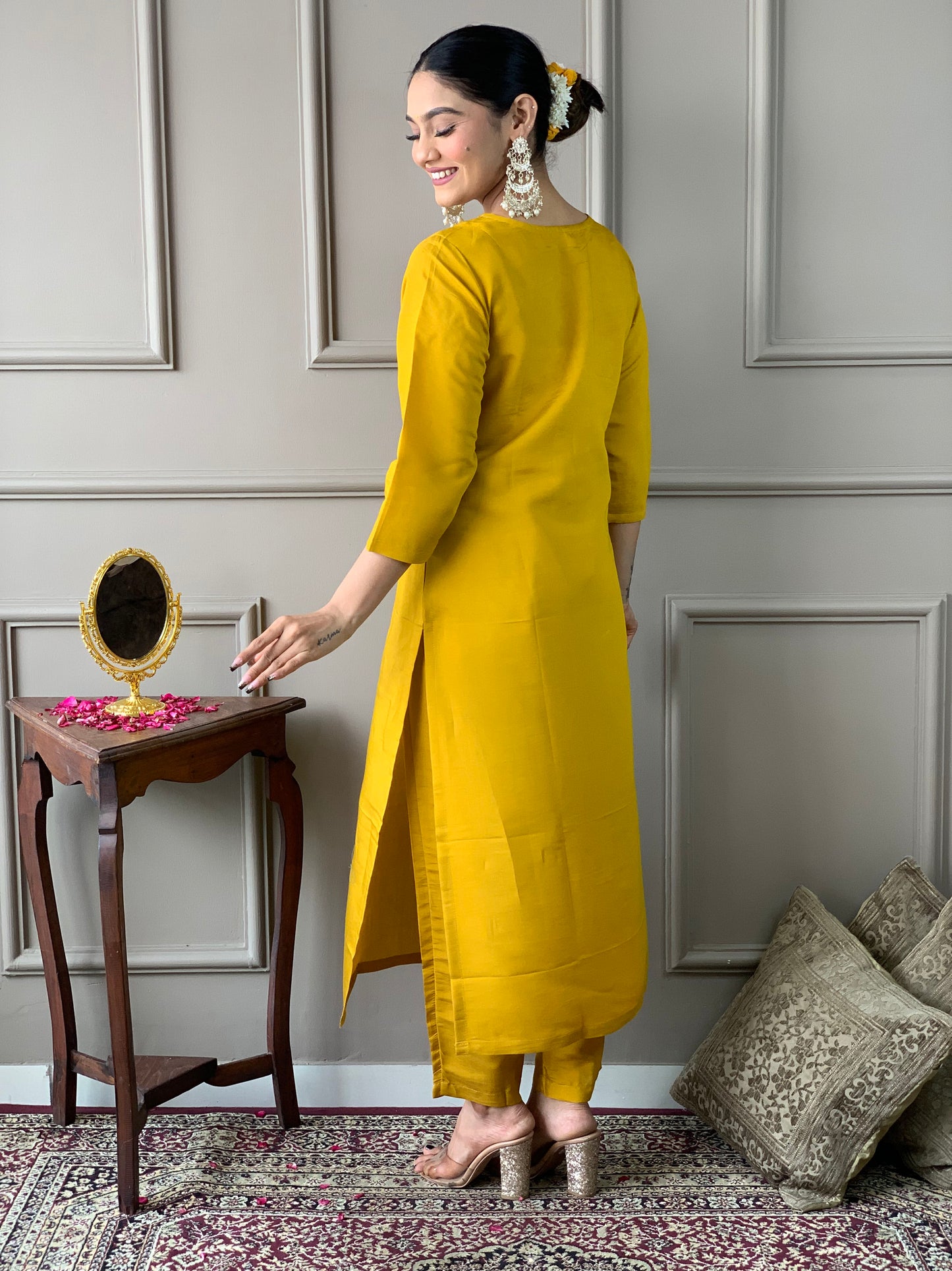 Yellow Color Chandery Casual Kurti Pant Set