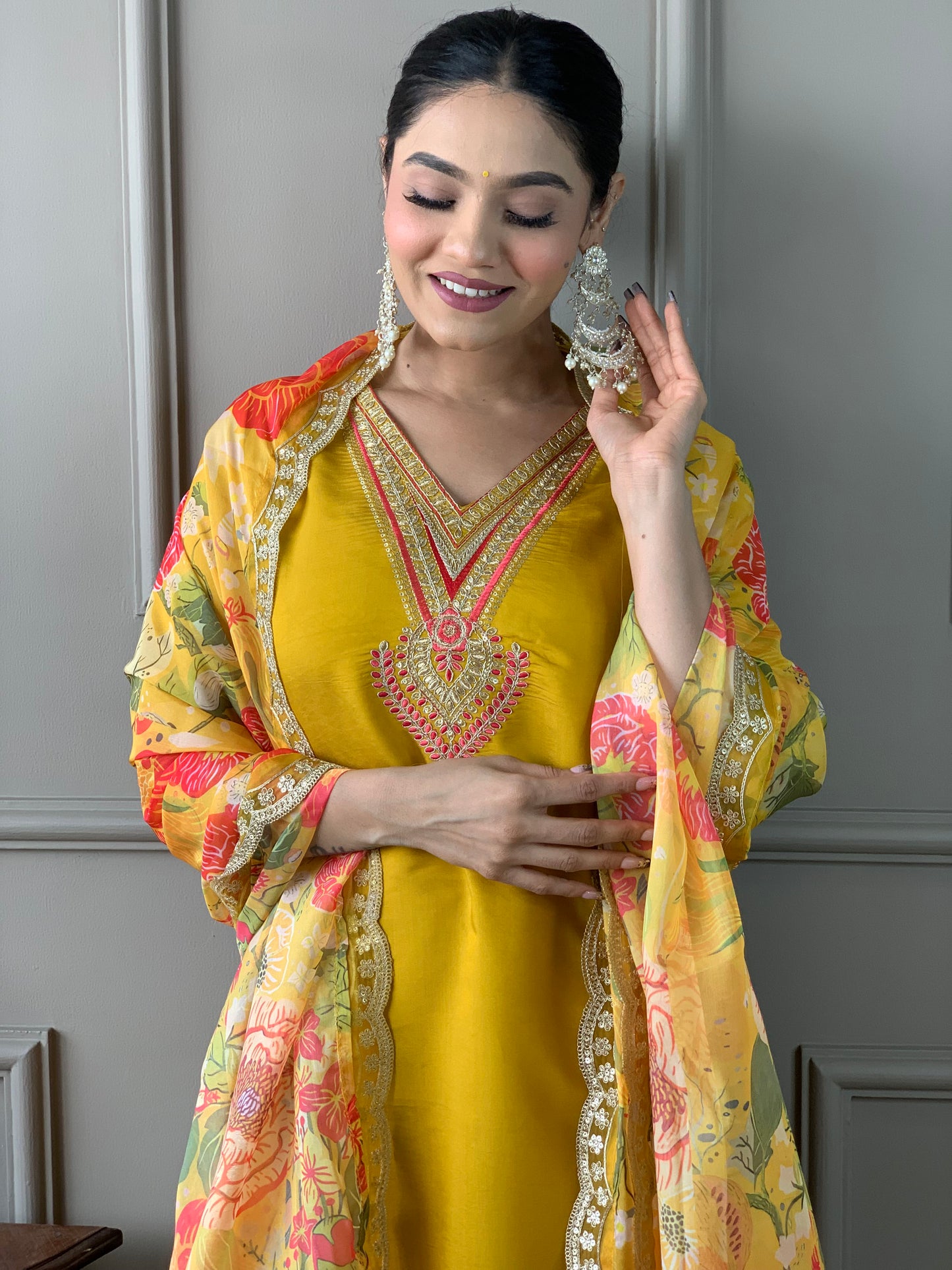 Yellow Color Chandery Casual Kurti Pant Set