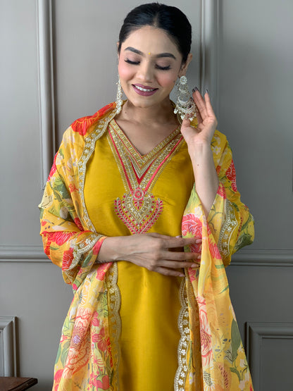 Yellow Color Chandery Casual Kurti Pant Set