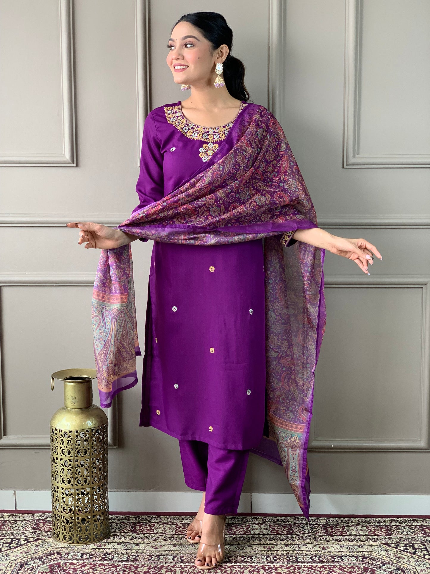 Purple Color Rayon Slub designer Kurti Pant Set