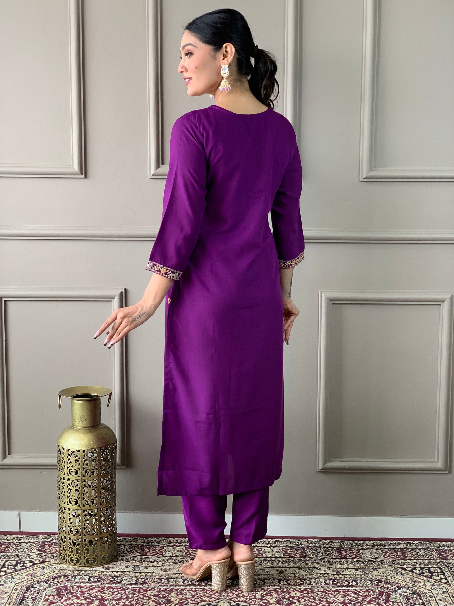Purple Color Rayon Slub designer Kurti Pant Set