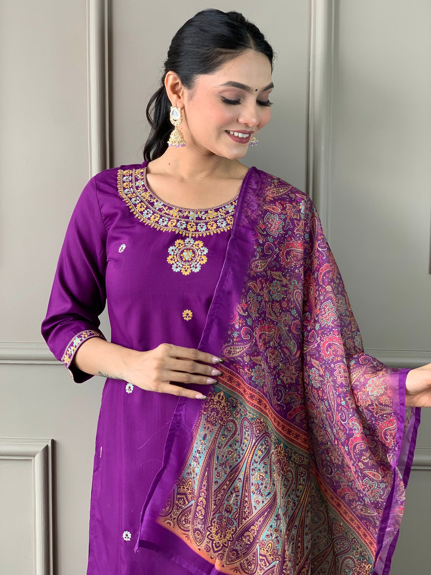 Purple Color Rayon Slub designer Kurti Pant Set