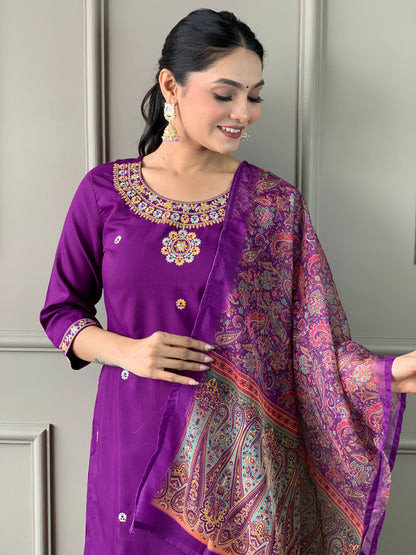 Purple Color Rayon Slub designer Kurti Pant Set