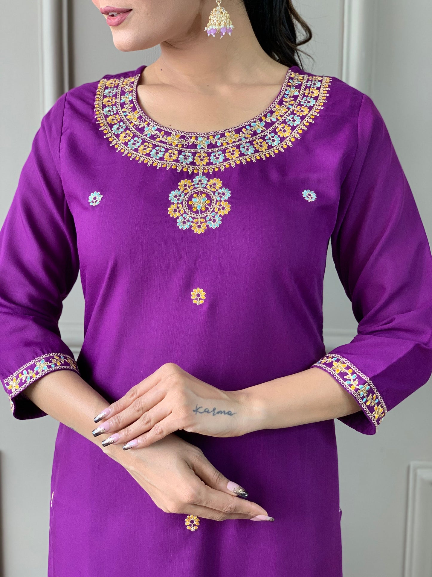 Purple Color Rayon Slub designer Kurti Pant Set