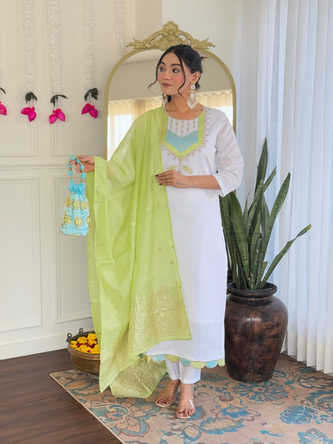 White Color Viscose Chanderi designer Kurti Pant Set