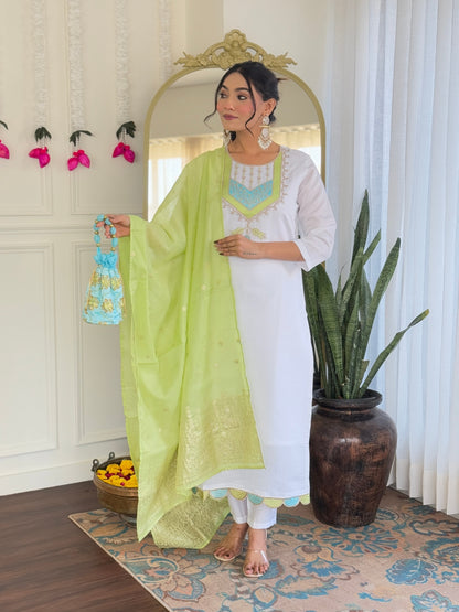 White Color Viscose Chanderi designer Kurti Pant Set