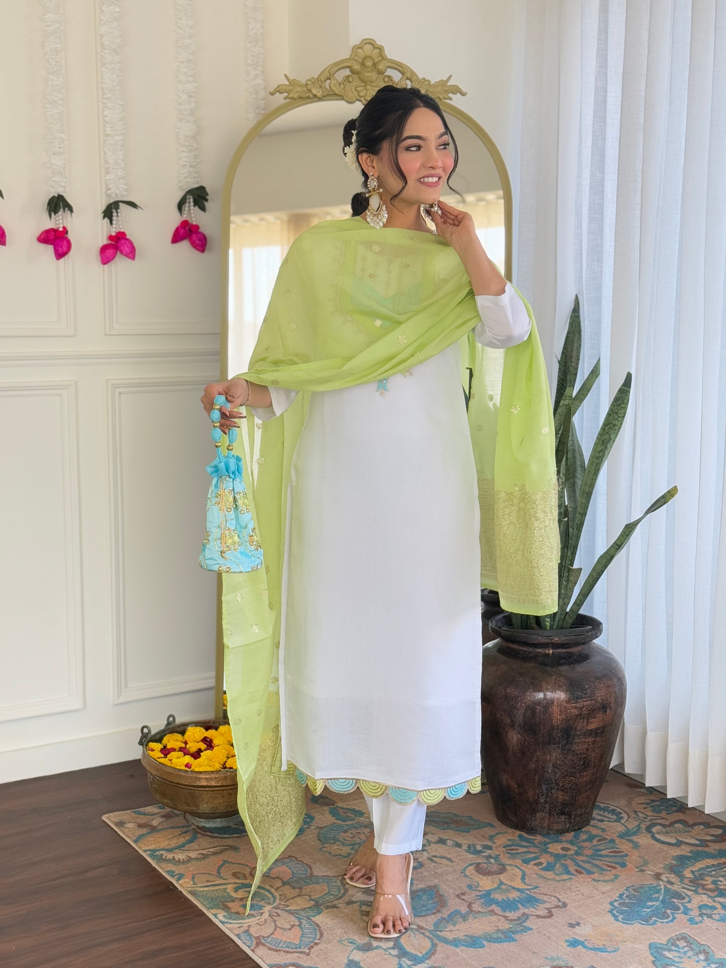 White Color Viscose Chanderi designer Kurti Pant Set