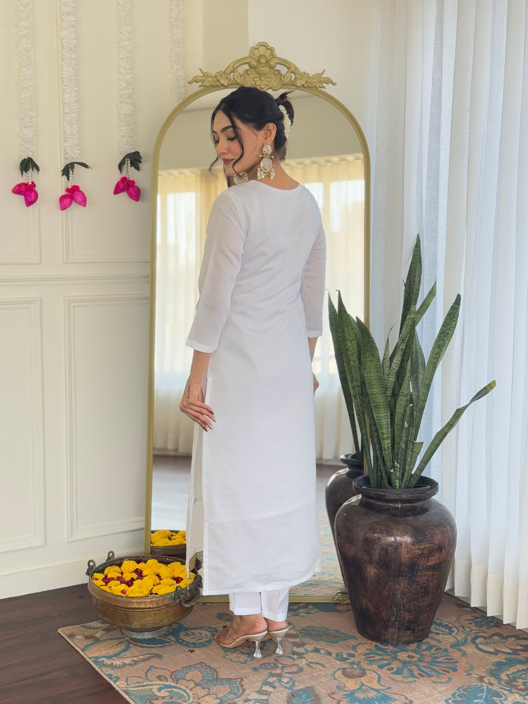 White Color Viscose Chanderi designer Kurti Pant Set