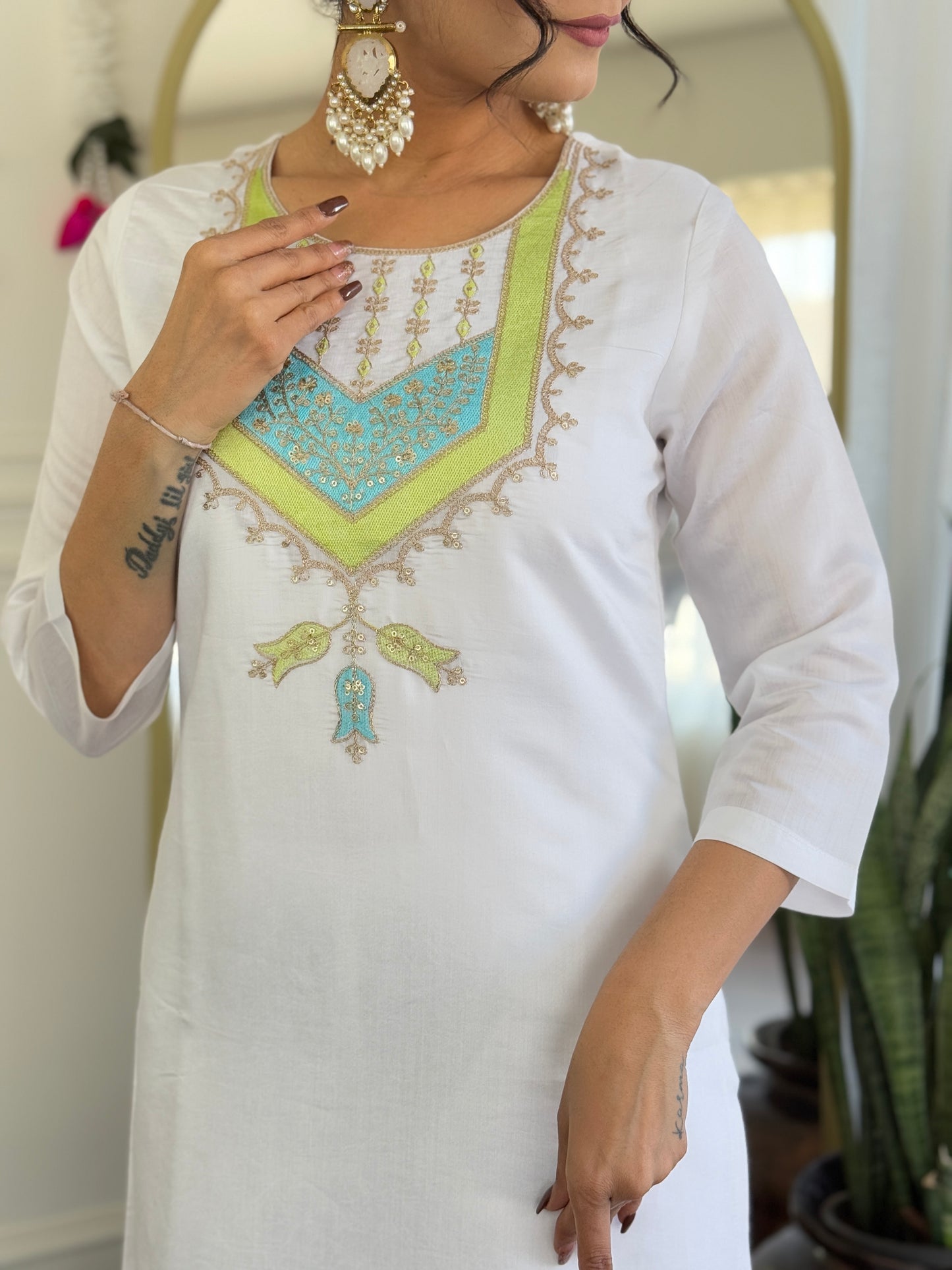 White Color Viscose Chanderi designer Kurti Pant Set