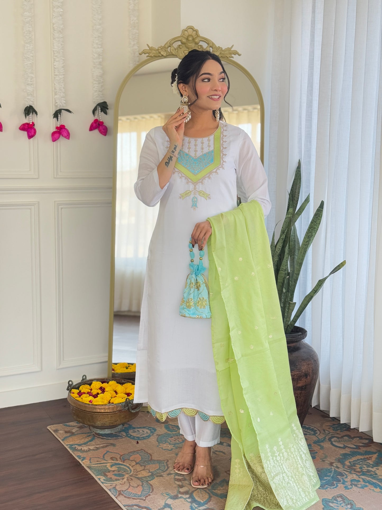 White Color Viscose Chanderi designer Kurti Pant Set